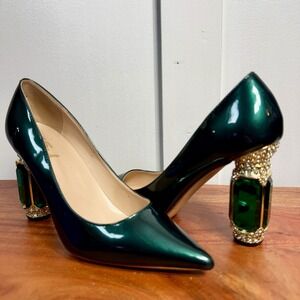 FSJ Emerald Green Patent Leather Jewel Block Heel Pointed Toe Pumps Women Size 8